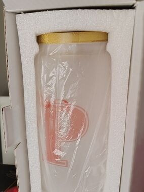 Frosted Glass Tumbler with Gold Lid and Coral 'P' Detail